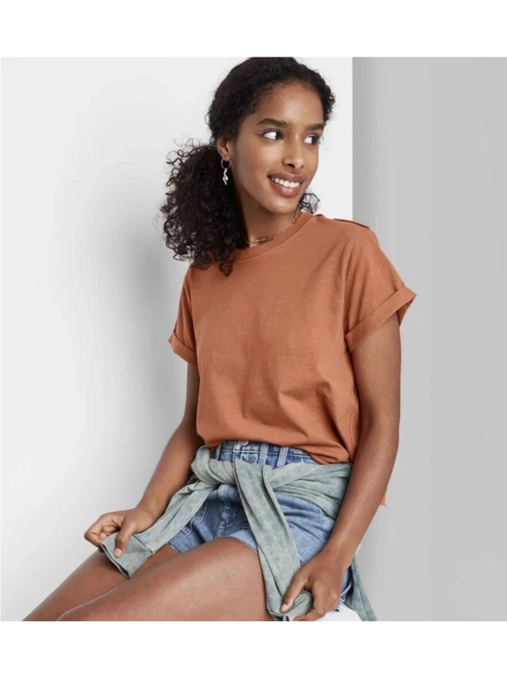 Wild Fable Everyday Rolled-Sleeve Crop Top Tee in Rust Clay Brown